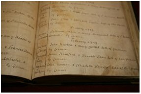 Picture of The marriages register showing – fourth from bottom – the entry for John Newton and Mary Catlett.